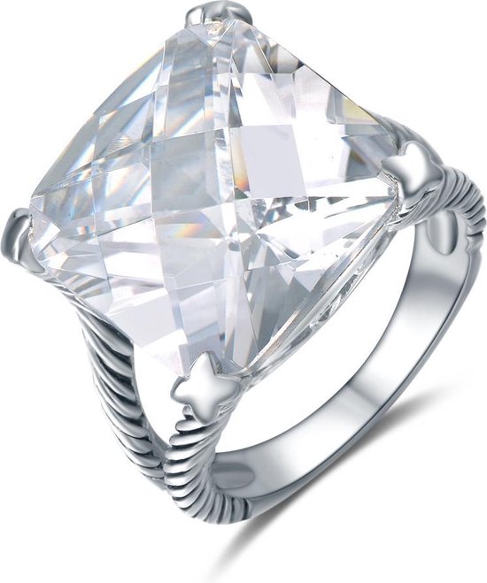 Quiges - Ring Classique en Style Vintage Solitaire avec Cristal de Zircone Carré Transparent - Argent 925 - QSR07617