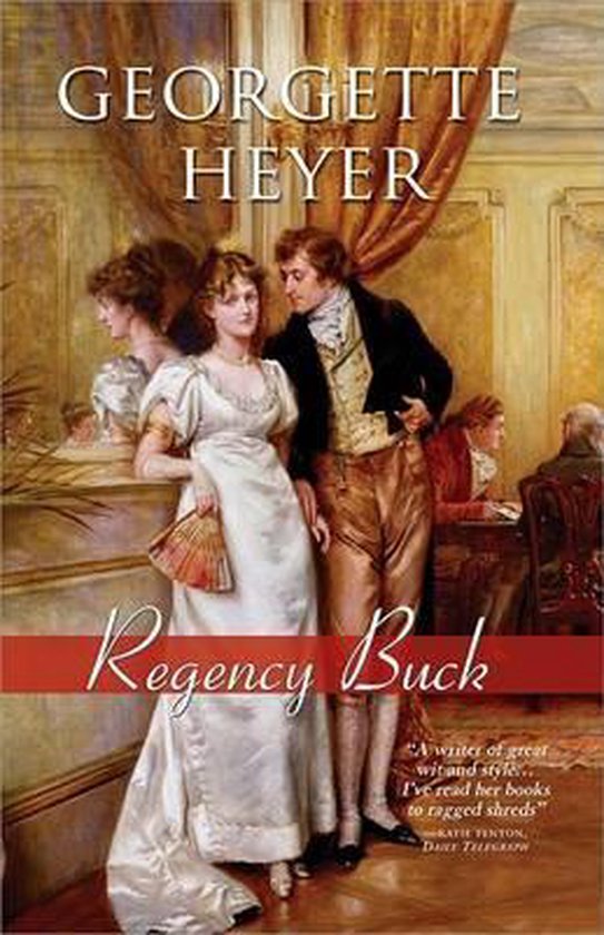 Boekcover van Georgette Heyer, Regency Buck, met een stel in 19e-eeuwse kledij.