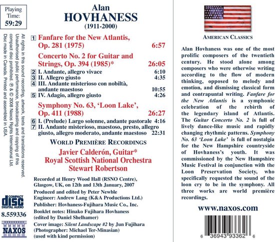 CD hoes met tracklist en beschrijving voor 'Hovhaness: Guitar Concerto No.2'. Bevat ook een schilderij van een berglandschap met potten.
