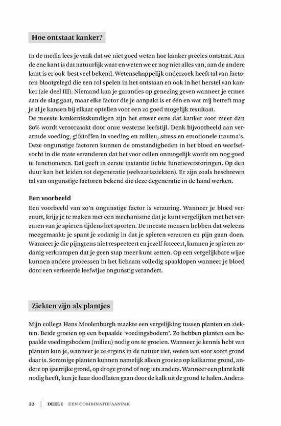 Pagina 22 uit 'Handboek Kanker' met de titels 'Hoe ontstaat kanker?', 'Een voorbeeld' en 'Ziekten zijn als plantjes'.