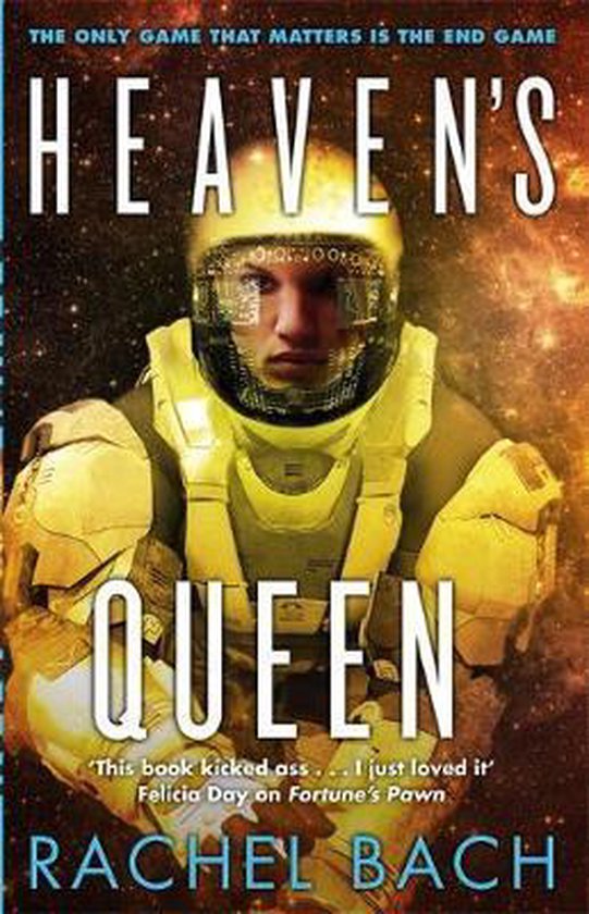 Couverture du livre 'Heaven's Queen' montrant une femme dans une combinaison spatiale et un casque jaunes, avec le titre en grosses lettres.