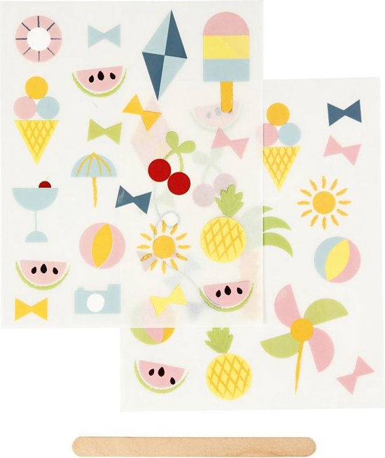 Rub-On Stickers – Transfer Stickers – Wrijfstickers – Papier – Textiel – Vakantie – Zomer – Ijsjes – Meloen – Zon – Vrolijk – Pasteltinten – 2 Velletjes Met 20 Sickers