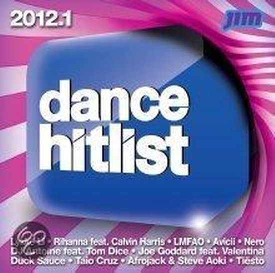 Dance Hitlist 2012.1 albumcover met blauwe en roze achtergrond en lijst van artiesten zoals Rihanna, Calvin Harris en LMFAO.