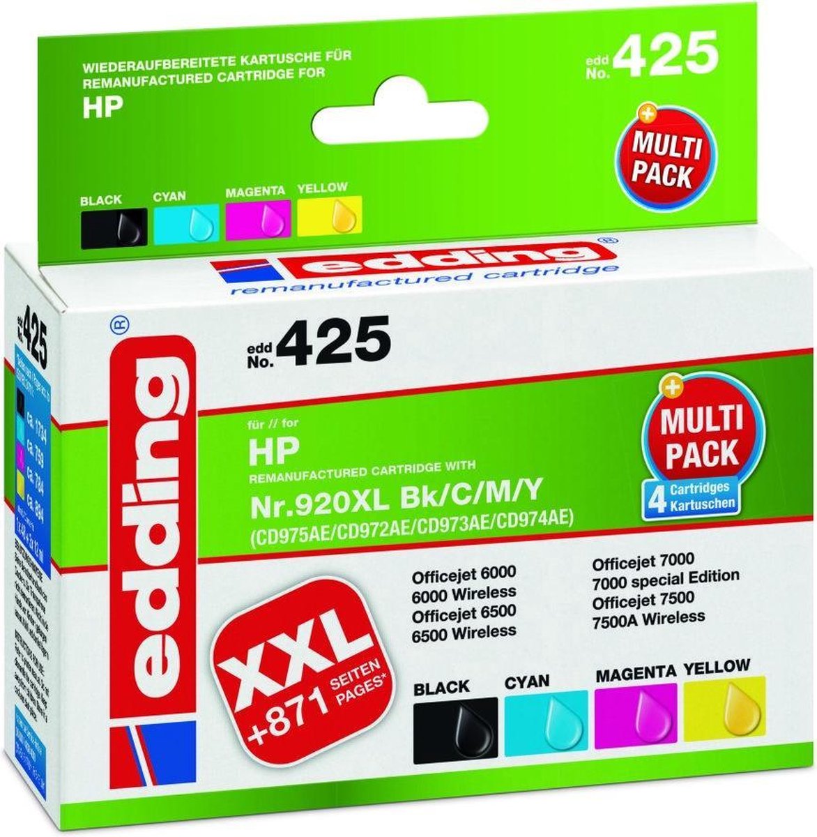 Edding Inktcartridge vervangt HP 920, 920XL Compatibel Combipack Zwart, Cyaan, Magenta, Geel 18-425