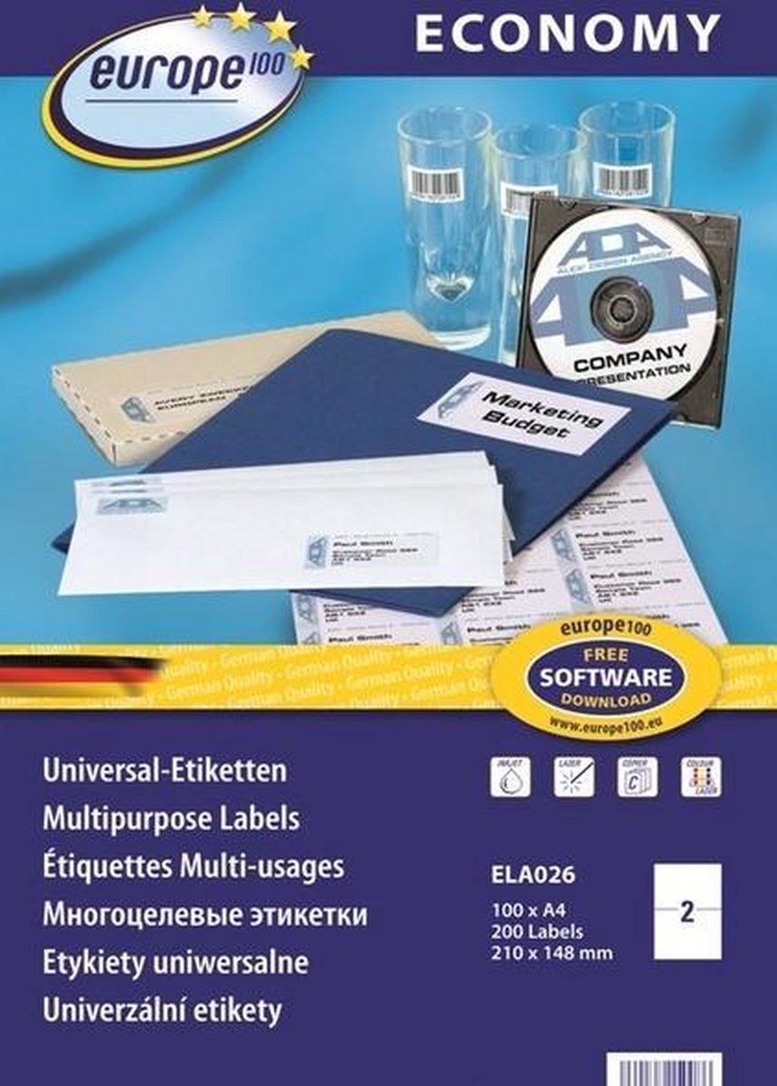 Europe 100 ELA026 Etiketten 210 x 148.5 mm Papier Wit 200 stuk(s) Permanent Universele etiketten Inkt, Laser, Kopie 100
