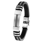 Lucardi Heren Armband zwart silliconen - Staal - Armband - Cadeau - Vaderdag - 21 cm - Zilverkleurig