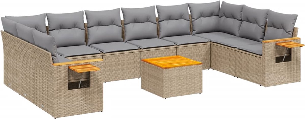 vidaXL 11-delige - Tuinset - met - kussens - poly - rattan - beige Zwart
