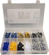 LB Tools professioneel 300 delig kentekenplaat bevestiging assortiment voor voertuigen en aanhangwagens met popnagels en schroeven in geel, blauw, zwart en wit.