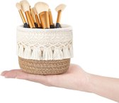 Set de 2 porte-pinceaux de maquillage, organisateur, peigne, brosse, mini panier de rangement, paniers avec décor bohème pour stylos, porte-stylos, récipient, 10 x 10 cm, jaune et blanc