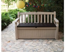 Zitbank Eden voor balkon en tuin, geïntegreerde kussenbox met 265 l opbergruimte, bruin/beige, 140 x 60 x 84 cm