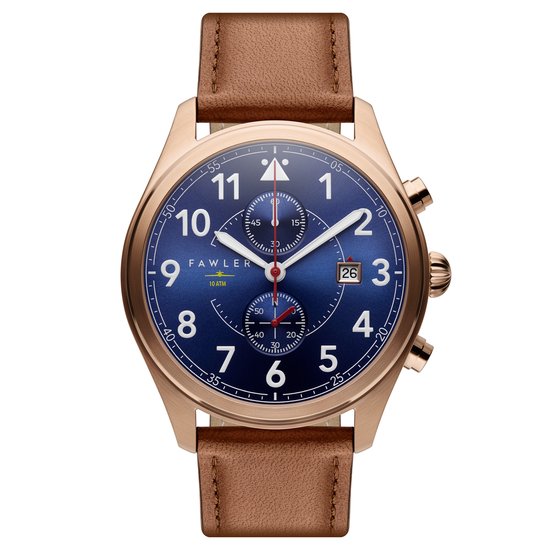 Fawler Fraser roségoudkleurig en blauw pilotenhorloge met chronograaf voor heren
