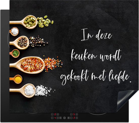 KitchenYeah© Inductie Beschermer 59x52 cm Keuken Decoratie Kookplaat Beschermer voor Inductiekookplaat Afdekplaat Anti Slip Mat - Kruiden - Lepel - Specerijen - Zwart - Keuken