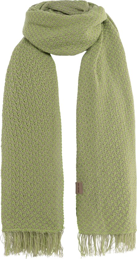 Groene/grijze sjaal met blokmotief, franjes en label van Knit Factory.