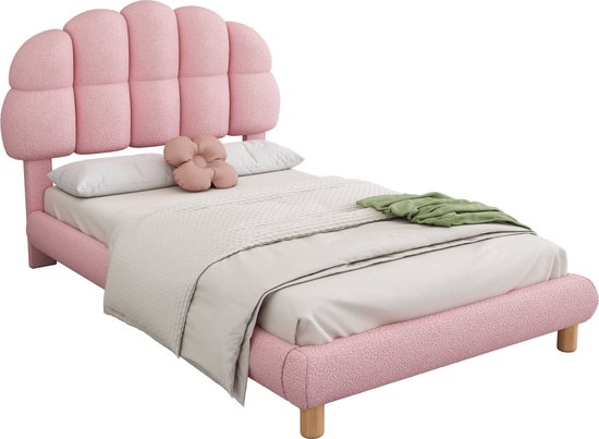 Merax Velvet Eenpersoonsbed - Bed voor Kinderen - Gestoffeerd Kinderbed - Roze