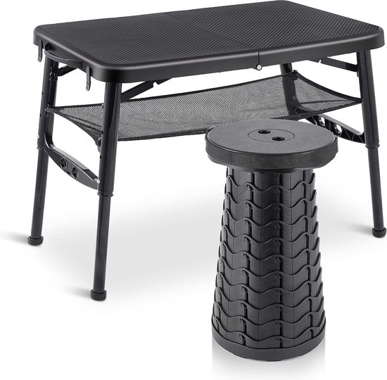 Kleine opvouwbare campingtafel met stoelen in hoogte verstelbaar Kleine lichtgewicht opvouwbare tafel Telescopische kruk en netten voor picknicks, koken, kamperen, reizen
