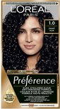Doos L'Oréal Paris Préférence haarkleuring met model met glanzend zwart krullend haar. Kleur 1.0 Zwart Noir.