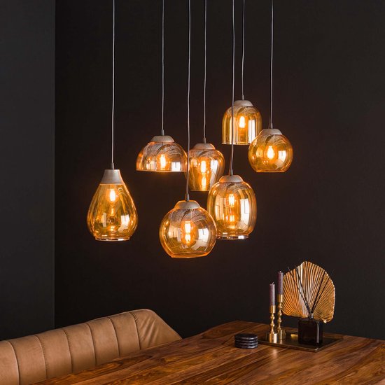 Amberkleurige hanglamp mix | 4+3 lichts | 90x35x150 cm | in hoogte verstelbaar | sfeervolle eetkamer / woonkamer verlichting | glas | modern design