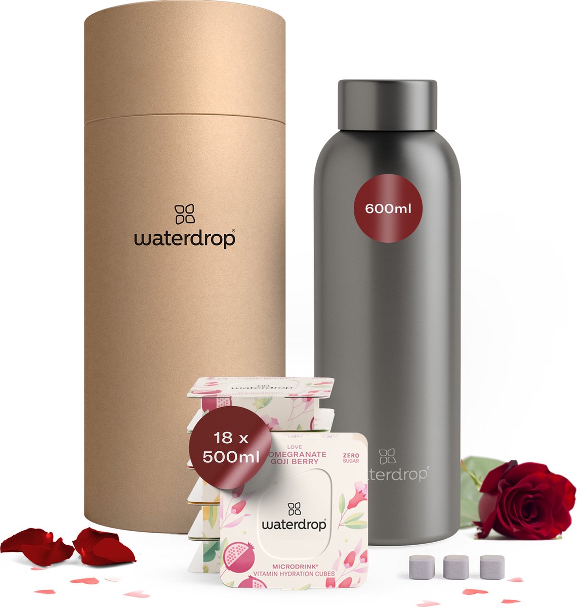 waterdrop® Starterset Metalen - Charcoal - valentijn cadeautje voor hem en haar - 1 Thermosfles 600 ml + 18 Microdrink bruistabletten