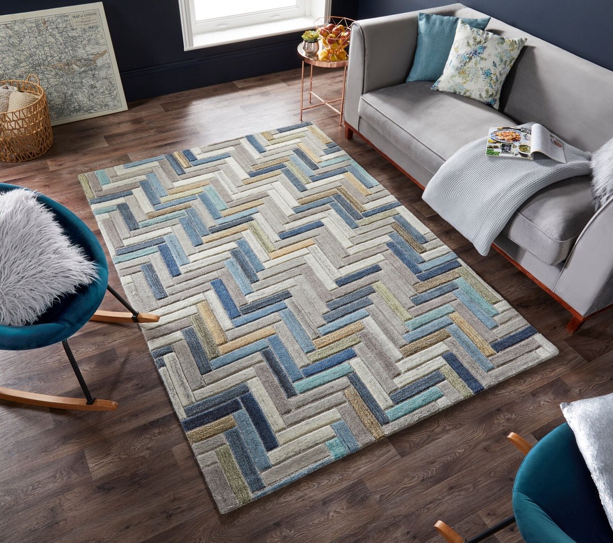 flycarpets Russo Modern Laagpolig - 100% Wol - Geo Vloerkleed - Naturel / Multi - 160x230 cm Blauw