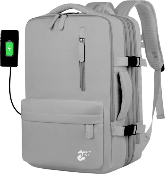 Grey Fox Sac à dos pour ordinateur portable avec port de chargement USB - 17,3 pouces - Cartable - Hydrofuge - Insert valise - Grande capacité jusqu'à 39 L - Grijs clair
