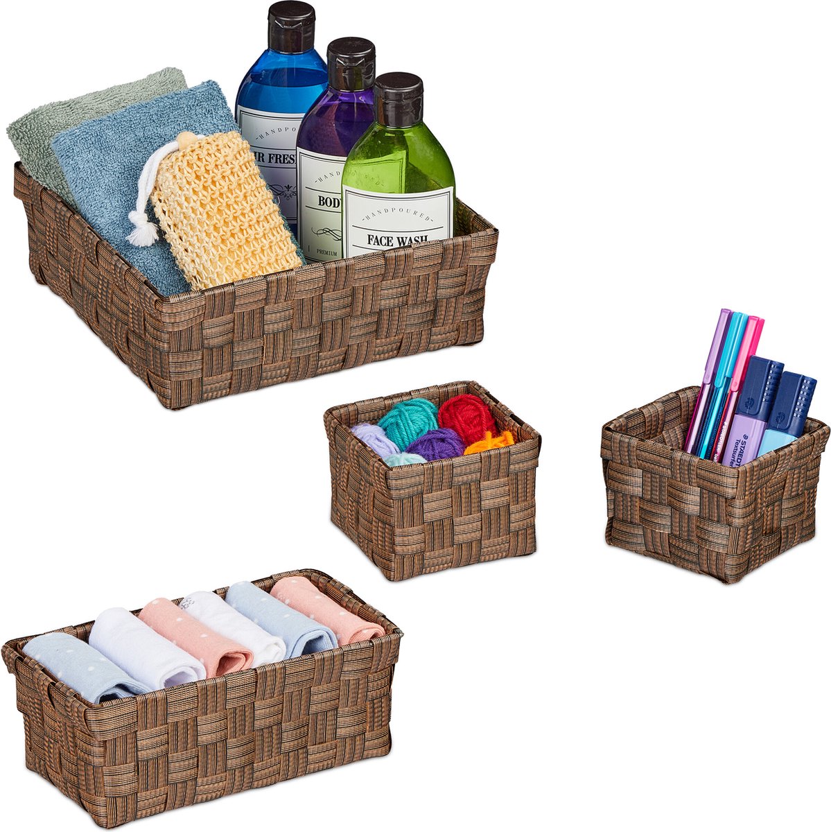 opbergmand badkamer - set van 4 - 3 groottes - kunststof - voor kasten - bruin