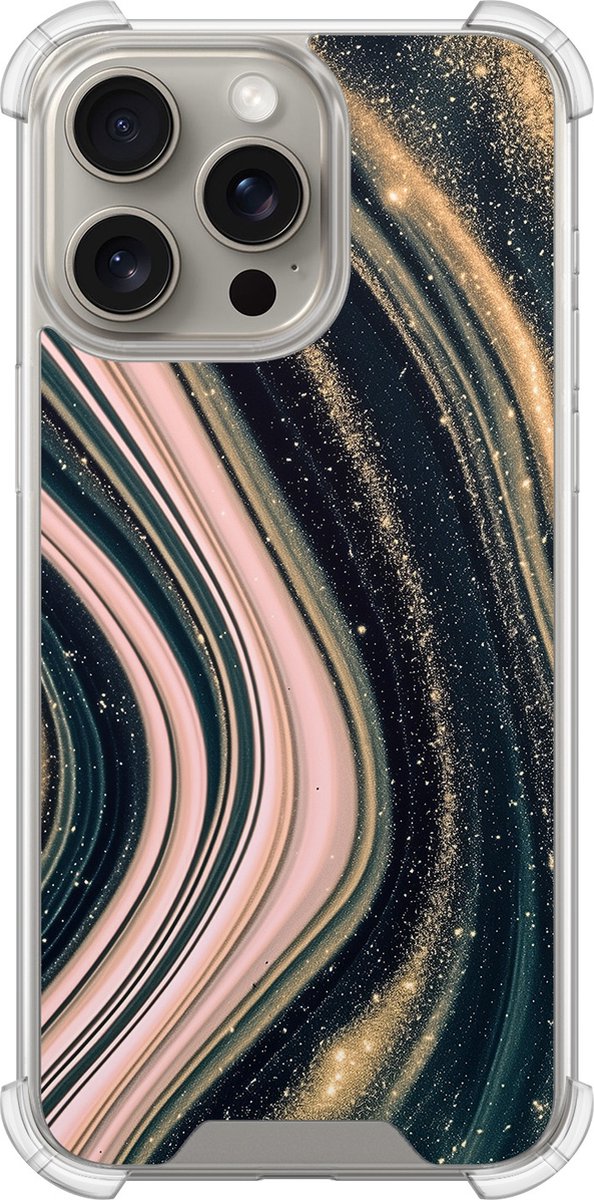 Shockproof hoesje - Geschikt voor iPhone 15 Pro Max - Marble waves - Extra sterke case - TPU/polycarbonaat - Marmer - Roze, Transparant