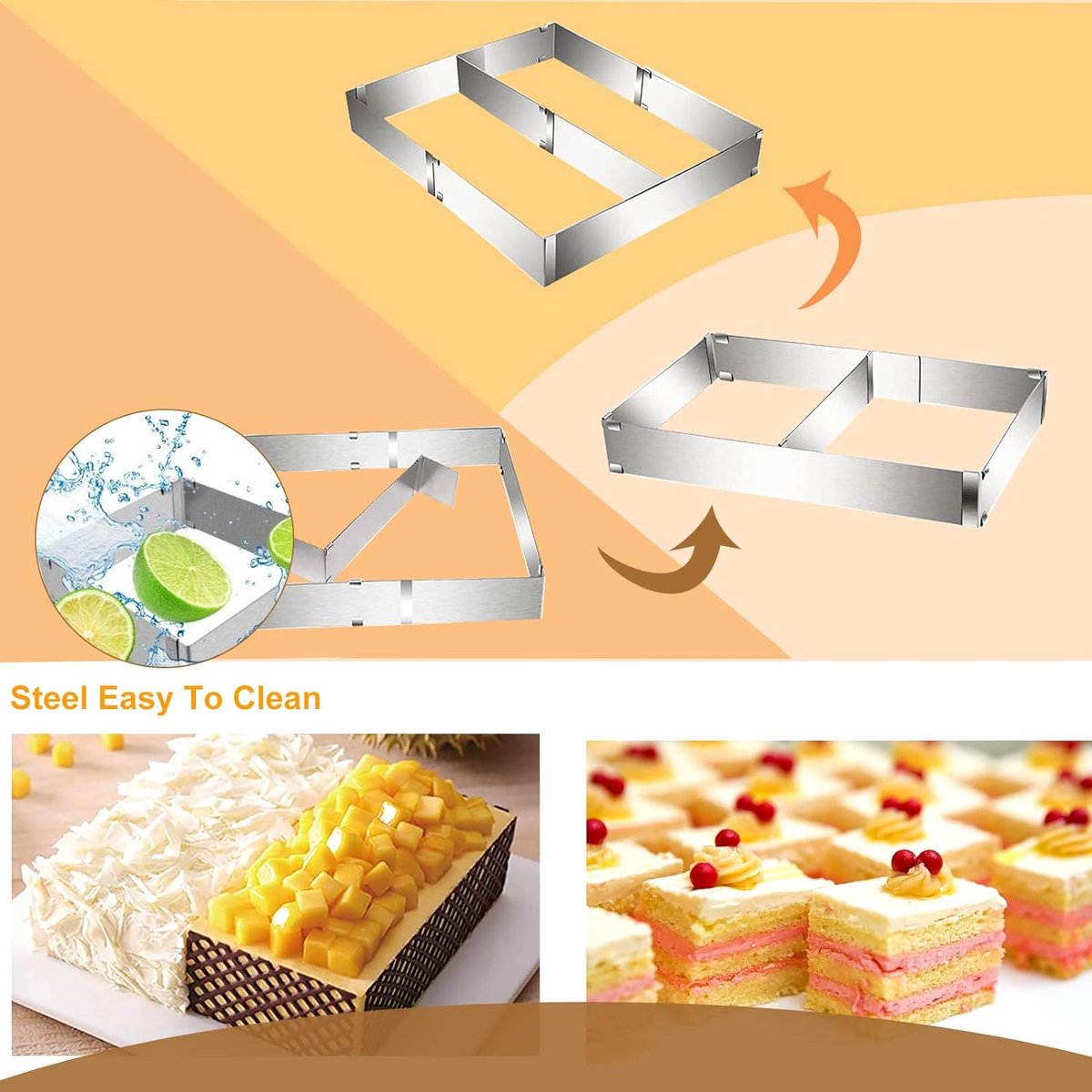 Cadre De Cuisson Rectangulaire Réglable En Acier Inoxydable - Hauteur 5 Cm, Largeur 18-34 Cm, Longueur 27-52 Cm - Avec Séparateur - Pour Gâteaux, Tartes, Pizzas