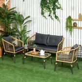 Gardenmeubels ingesteld voor 4 personen, rattan zitplaatsen met kussens, balkonmeubels in boho-stijl, zand+donkergrijs