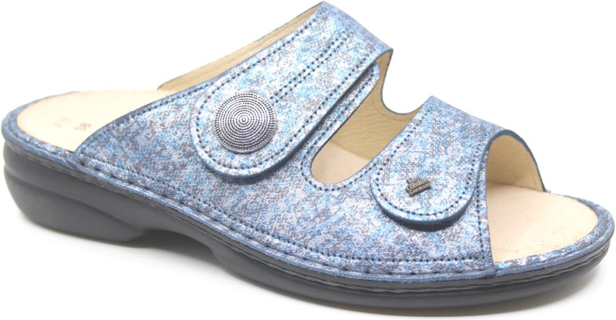 Finn Comfort, SANSIBAR, 02550-288124, Blauw combi dames slipper met klittenband sluiting en een uitneembaar voetbed