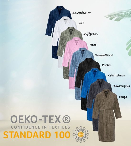 Une rangée de peignoirs de différentes couleurs : bleu foncé, blanc, vert olive, rose, bleu denim, noir, bleu cobalt, gris foncé et taupe.