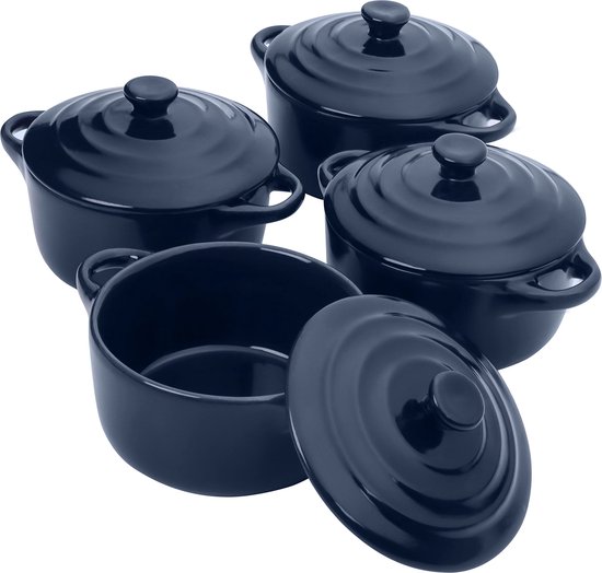 Belle Vous Mini-Keramische Stoofpot Oven Veilige Pannetjes met Deksel (4 Pak) – 170 ml Rond Blauwe Schotels Steenwaren Ramequins met Deksels en Handvatten voor Bakken, Souffle, Creme Brulee & Lasagne