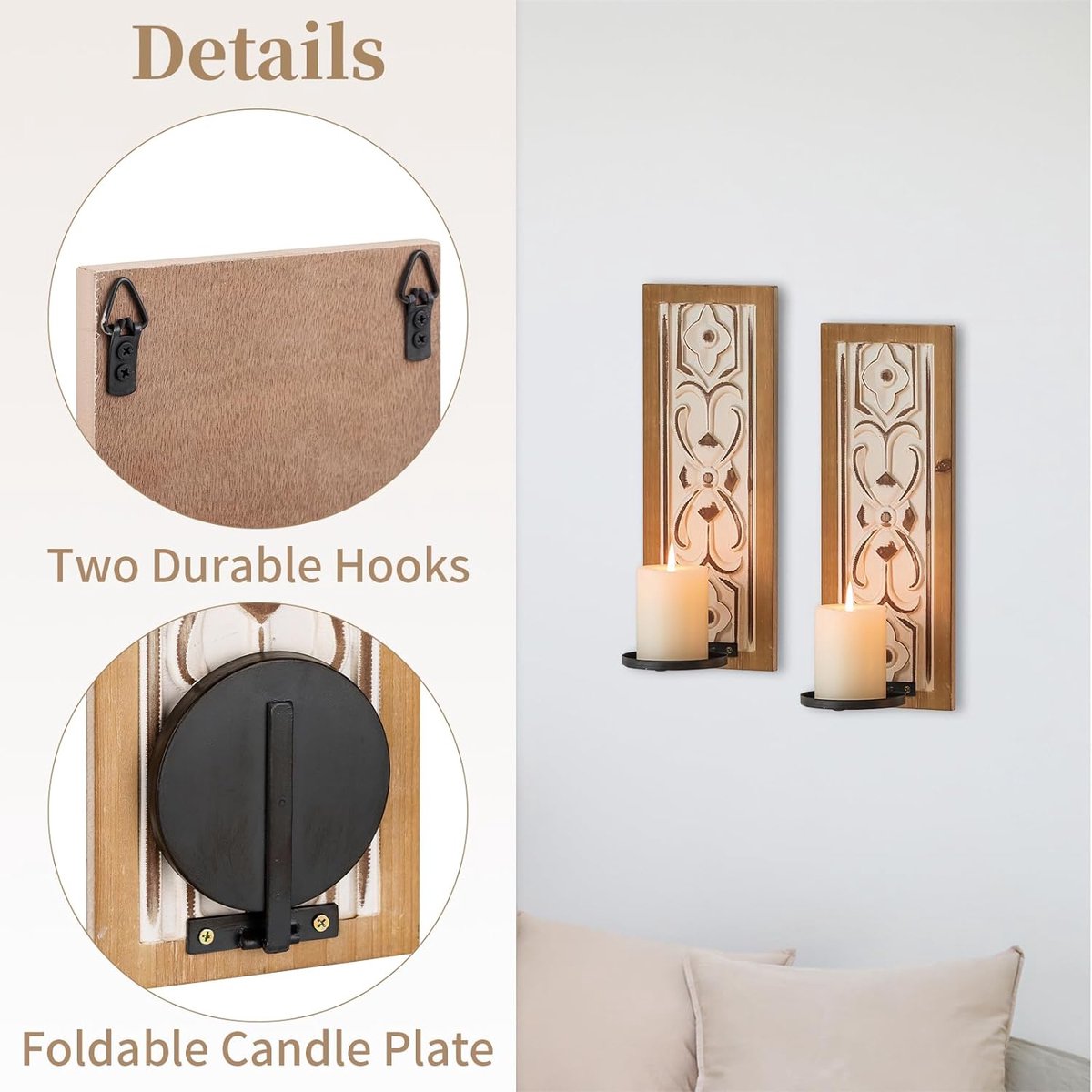 Houten Kandelaar Wandkandelaar - Vintage Wandkandelaars Houders Rustieke Wandkandelaars Met Bloem Reliëf Ontwerp Muurdecoraties voor Woonkamer Boerderij Open Haard