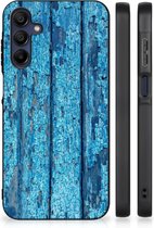 Coque de téléphone adaptée pour Samsung Galaxy A15 Backcase Coque en Siliconen avec bord noir Wood Blue