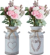 Vintage bloemenvaas hart melkkan 2 stuks ijzeren bloempot shabby decoratie, bloempot vaas van zink, landelijke stijl vaas rustieke bloemenemmer voor tuin woonkamer tafeldecoratie