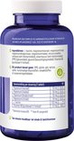 Achterkant van een blauwe pot met een wit deksel met een etiket waarop ingrediënten en voedingswaarde staan.