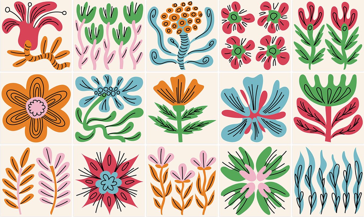Plaktegels - Zelfklevende Tegels - 15x15 cm - Ulticool - Decoratie Sticker Tegels - Bloem Plant Rood Geel Groen Blauw - 15 stuks Tegelstickers - Muurstickers Decoratiefolie - Badkamer - Keuken