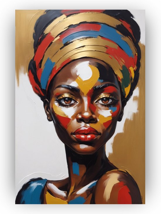 Afrikaanse vrouw met goud - Vrouw canvas schilderijen - Wanddecoratie goud - Muurdecoratie industrieel - Canvas schilderijen woonkamer - Wanddecoratie - 40 x 60 cm 18mm