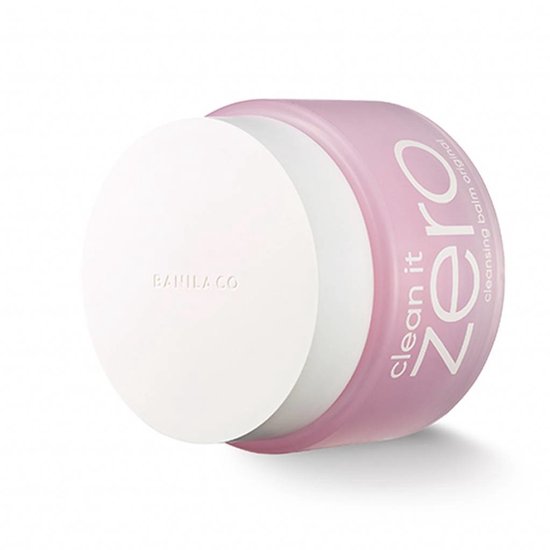 Een roze pot met witte deksel, tekst 'clean it zero original cleansing balm BANILA CO'.
