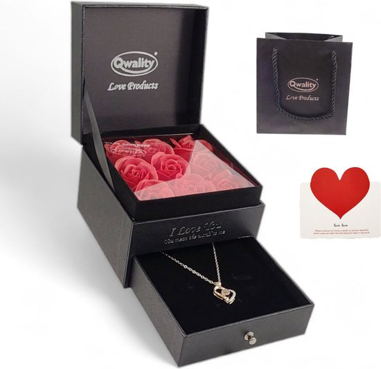 Roses dans une boîte cadeau de Luxe avec collier - Saint Valentin - Fête des mères - Cadeau pour la mère de sa copine - Qwality