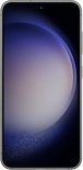 Vooraanzicht van een zwarte Samsung Galaxy S23 met een gloeiend scherm.