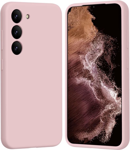 Une coque de téléphone rose pâle, de face et de profil avec découpe pour appareil photo.
