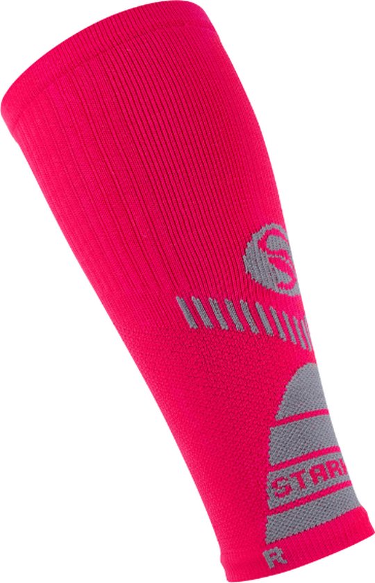 Felroze compressiekous met grijze strepen en logo, maat R.