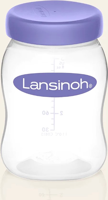 Een Lansinoh bewaar- of babyfles met paars deksel.