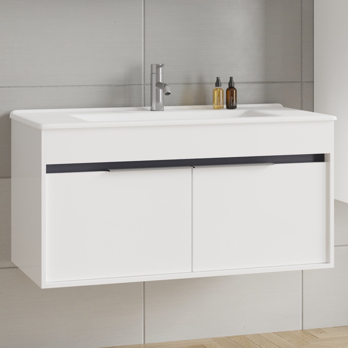 Kassel 100 cm Badkamermeubel – Hoogglans Wit, Softclose Semi-Handgreep, 2 Deuren, Keramische Wastafel