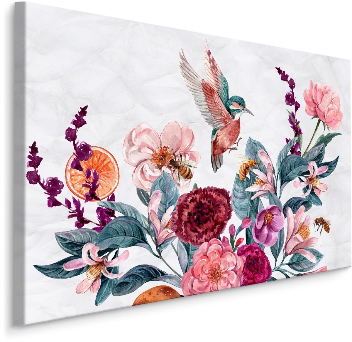 karo-art Schilderij - Bloemen en Kolibrie in Aquarel (print op canvas), multi-gekleurd, 4 maten, wanddecoratie Multikleur