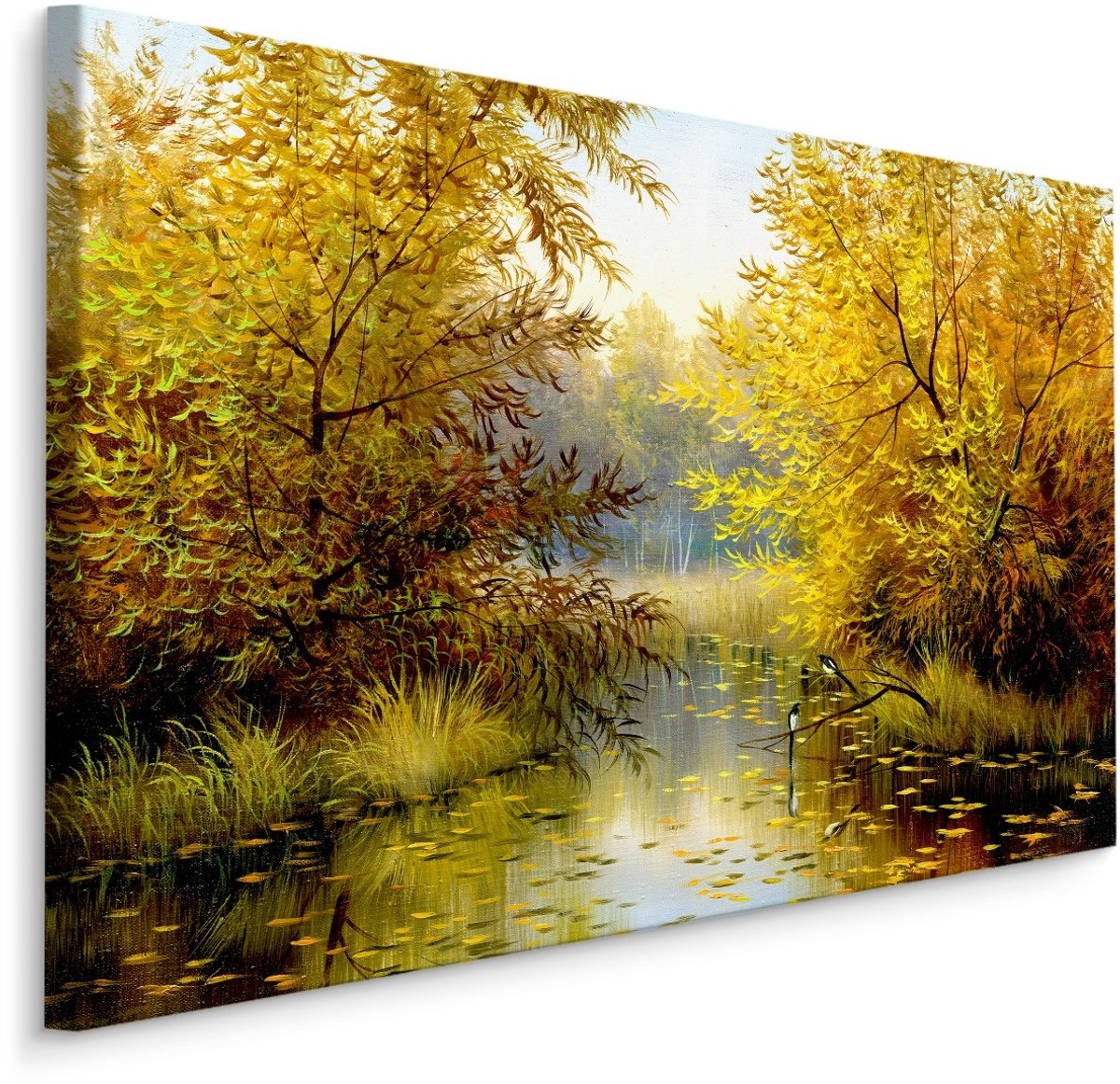 karo-art Schilderij - Rivier door het Bos, Herfst, Premium Print op Canvas Multikleur