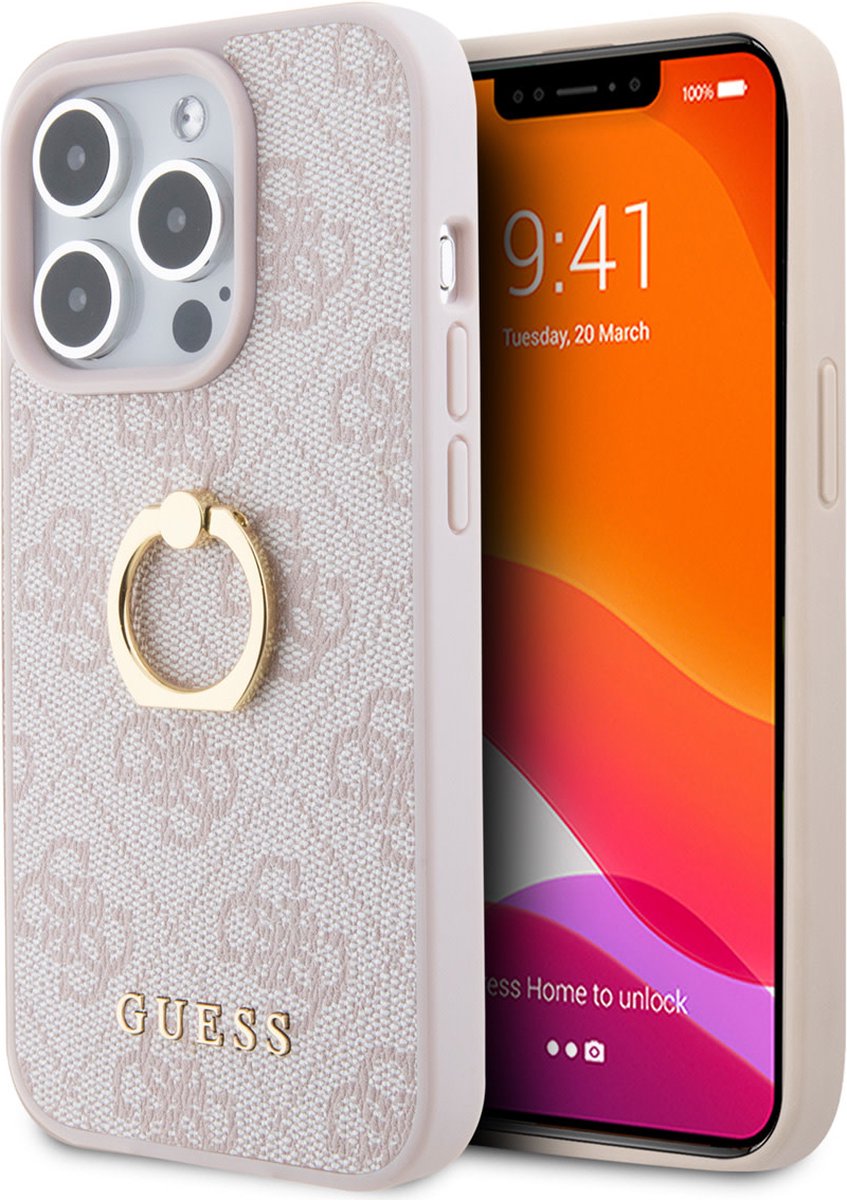 Guess iPhone 15 Pro Hardcase hoesje – 4G – Met Ringhouder – Roze