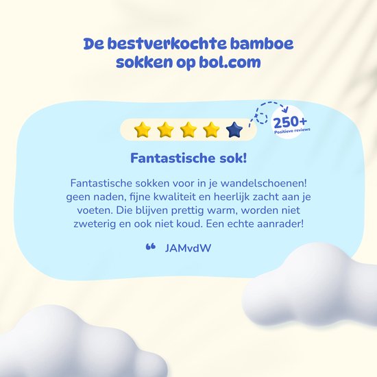 Tekst over Heavenly bamboe sokken: 'Fantastische sok!' met 4.5 sterren en 250+ positieve reviews.
