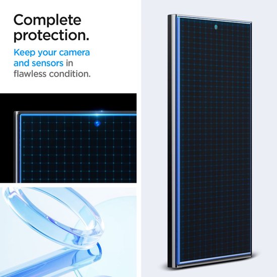 Telefoon met een grid-patroon op het scherm en close-up van de camera. Tekst: 'Complete protection. Keep your camera and sensors in flawless condition.'