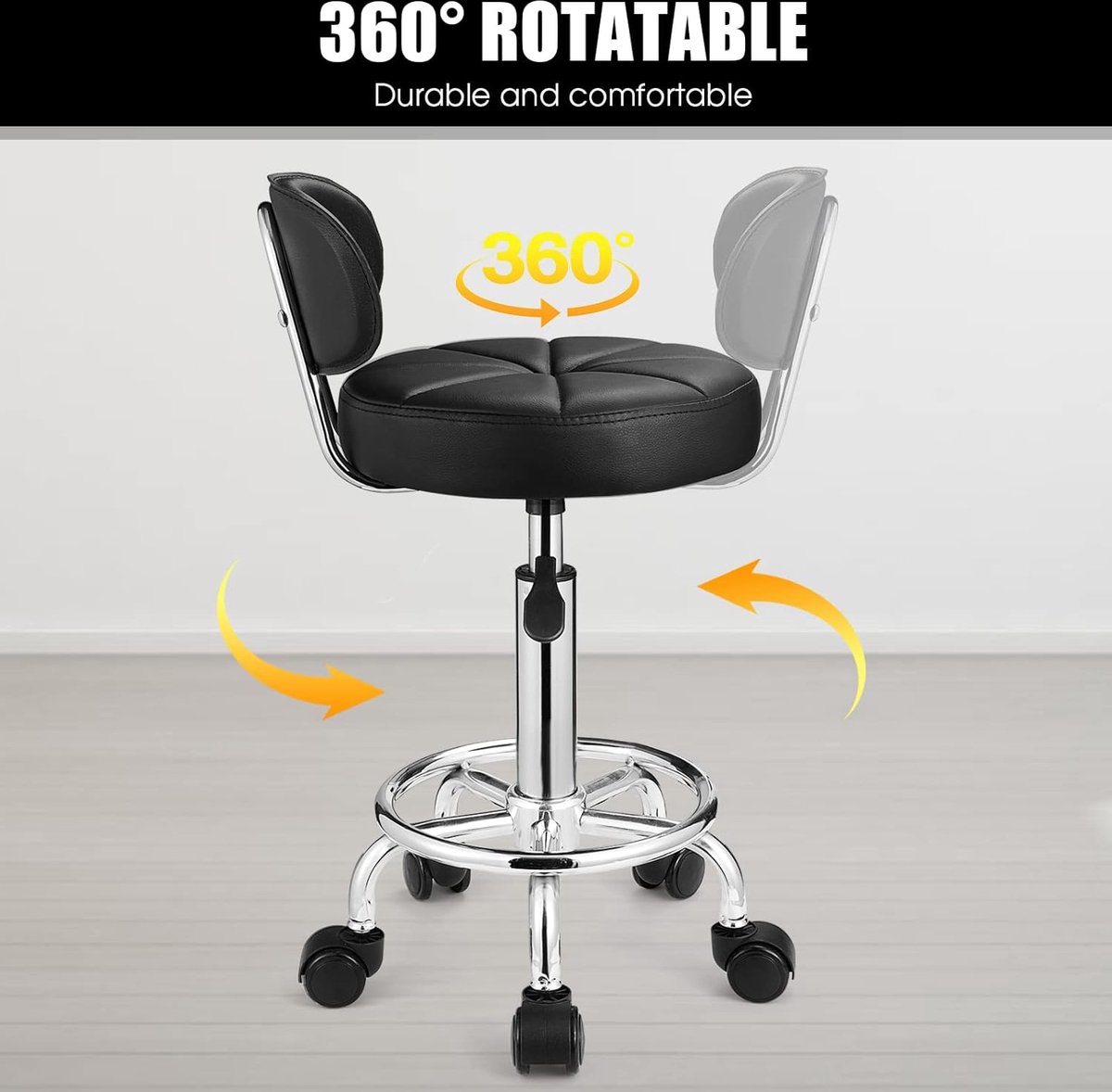 VEVOR Rolkruk met wielen, 450 lbs gewichtscapaciteit ronde rolkruk stoel, in hoogte verstelbaar, verdikte PU-lederen draaibare kruk voor salon, spa, massage, tatoeage, kliniek, wit